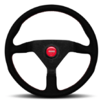 MOMO MONTECARLO STEERING WHEEL - BLACK ALCANTARA RED STITCHING BLACK SPOKES 350MM