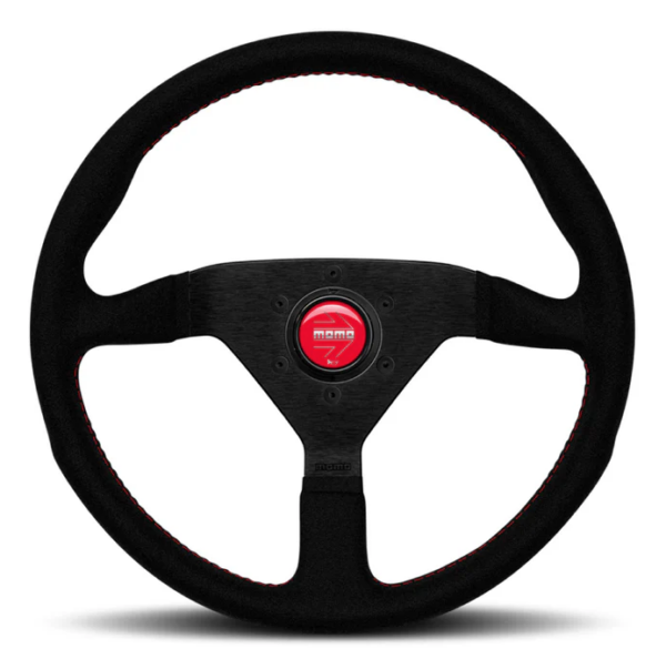 MOMO MONTECARLO STEERING WHEEL - BLACK ALCANTARA RED STITCHING BLACK SPOKES 350MM