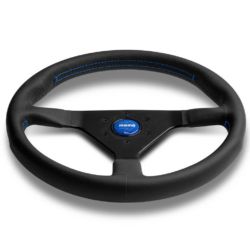 MOMO MONTECARLO STEERING WHEEL - BLACK LEATHER BLUE STITCHING BLACK SPOKES 350MM