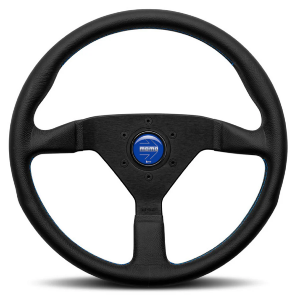 MOMO MONTECARLO STEERING WHEEL - BLACK LEATHER BLUE STITCHING BLACK SPOKES 350MM