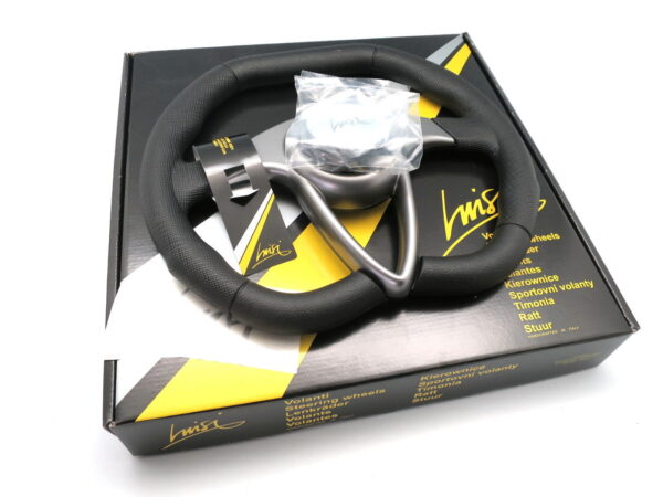 Luisi Auro Black Steering Wheel 350mm - Black Polyurethane / Silver Spokes